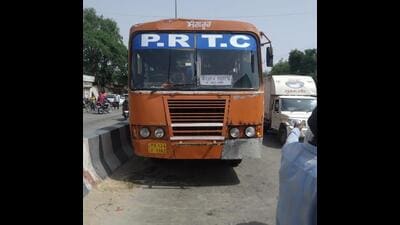 The PRTC bus that ran over and killed a 12-year-old student and left three other students at Mehlan Chowk in Sangrur on Monday. (HT Photo)