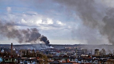 Dark smoke rise following an air strike in the western Ukrainian city of Lviv, on Monday. AFP Dark smoke rise following an air strike in the western Ukrainian city of Lviv, on Monday. AFP 