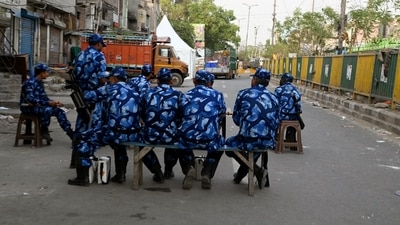 RAF personnel at a site where violence broke out between two communities during the Shobha Yatra procession on Hanuman Jayanti at Jahangirpuri in New Delhi.&nbsp; (ANI)
