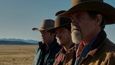Tom Pelphrey, Lewis Pullman, and Josh Brolin in a still from Outer Range. Tom Pelphrey, Lewis Pullman, and Josh Brolin in a still from Outer Range.