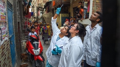 Forensic team investigate, after clashes broke out between two communities during a Hanuman Jayanti procession on Saturday, at Jahangirpuri in New Delhi, Monday. (PTI) Forensic team investigate, after clashes broke out between two communities during a Hanuman Jayanti procession on Saturday, at Jahangirpuri in New Delhi, Monday. (PTI)