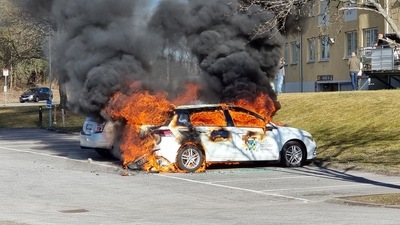 Smoke billows from a burning car during a riot ahead of a demonstration planned by Danish anti-Muslim politician Rasmus Paludan and his Stram Kurs party. (via Reuters)