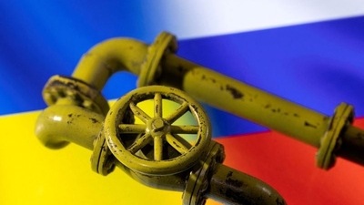 FILE PHOTO: 3D printed Natural Gas Pipes are placed on displayed Russia's and Ukraine's flags in this illustration,&nbsp; (REUTERS)