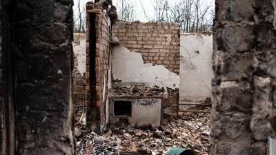 A destroyed house is pictured in Novodruzhesk village, amid the Russian invasion of Ukraine. (AFP) A destroyed house is pictured in Novodruzhesk village, amid the Russian invasion of Ukraine. (AFP)