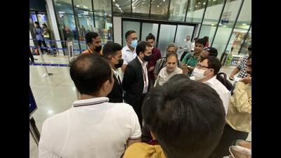 Passengers at the Lohegaon international airport, Pune, are seen arguing with the staff after multiple delays. (HT)