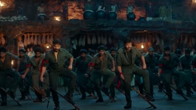Chiranjeevi matches steps with son Ram Charan in Acharya song Bhale Bhale Banjara. Chiranjeevi matches steps with son Ram Charan in Acharya song Bhale Bhale Banjara.