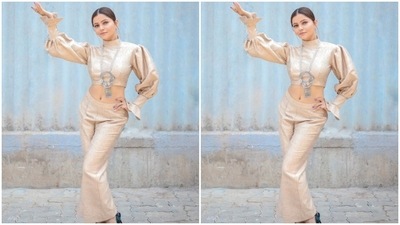 For footwear, Rubina opted for emerald green stilettos which added the necessary dash of colours to her look. (Instagram/@rubinadilaik)