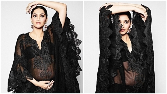 Sonam Kapoor has been making headlines ever since she dropped the news of her pregnancy. Fans, who have been eagerly waiting for her pregnancy photoshoot pictures, finally get a glimpse. The actor took to her Instagram handle to share a few stills in a see-through embroidered black kaftan.(Instagram/@sonamkapoor)