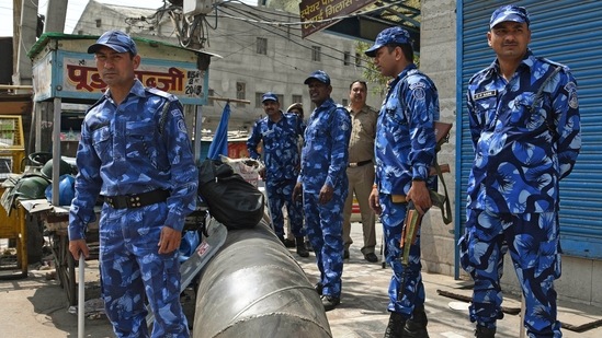 Security beefs up following the violence that erupted between two groups during the Hanuman Jayanti procession, at Jahangirpuri on April 18, 2022.&nbsp;(ANI Photo)