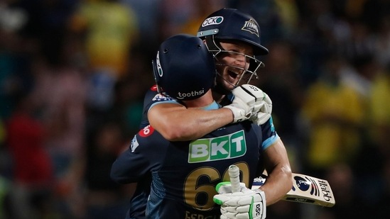 David Miller and Lockie Ferguson of Gujarat Titans hug each other after Gujarat Titans won (PTI)