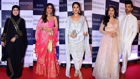 Sana Khan, Shilpa Shetty, Shehnaaz Gill, Tejasswi Prakash and Karan Kundrra at Baba Siddique's bash on Sunday. (Varinder Chawla)