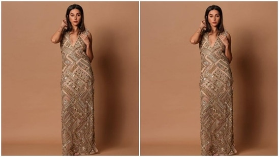 Shibani played muse to fashion designer Payal Singhal and picked a stunning gown for the pictures.(Instagram/@shibanidandekar)