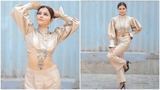 Rubina Dilaik’s sartorial sense of fashion always manages to make our hearts skip beats. The actor can do it all – decking up in an ethnic ensemble with a touch of mystic vibes, to wearing a casual attire and showing us how it's done. Rubina, a day back, shared a slew of pictures of herself in a pastel gold co-ord set and it is giving us major fashion goals to conquer.(Instagram/@rubinadilaik)