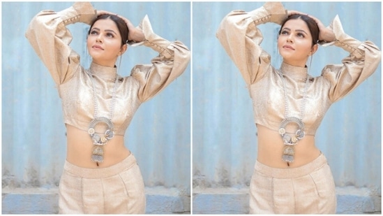In a statement neck piece decorated in silver, gold and white stones from the shelves of Muskaan designer Jewellery, Rubina accessorised her look and added more festive vibes to the pictures.(Instagram/@rubinadilaik)