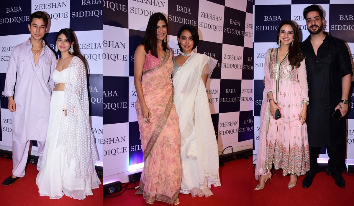 Pratik Sehajpal with a friend, Aahana Kumra, Sayani Gupta, Jasmin Bhasin and Aly Goni at Baba Siddique's bash on Sunday. (Varinder Chawla)