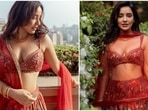 Neha Sharma lays fashion cues to elevate your bridal game in a cherry red floral printed contemporary lehenga set by designer duo Drishti and Zahabia.