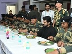 Ram Charan with BSF soldiers. Ram Charan with BSF soldiers.
