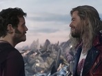 Chris Pratt and Chris Hemsworth in a still from Thor: Love and Thunder. Chris Pratt and Chris Hemsworth in a still from Thor: Love and Thunder.