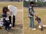 Mira Rajput with son Zain and Shahid Kapoor with daughter Misha on sets of Jersey. Mira Rajput with son Zain and Shahid Kapoor with daughter Misha on sets of Jersey.