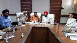 Union minister of state SP Singh Baghel presiding over a meeting to review the work being done under the aspirational district programme in Moga on Tuesday. (HT Photo)