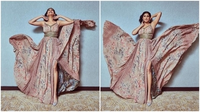 Known for her impeccable fashion choices, Kubbra Sait was earlier spotted wearing a fancy thigh-high slit flowy dress by designer Neeta Lulla for a photoshoot. (Instagram/@who_wore_what_when)