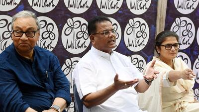 Trinamool Congress (TMC) leaders Jawhar Sircar (left) and Sushmita Dev (right) with newly joined party member Ripun Bora in New Delhi on Tuesday (ANI)