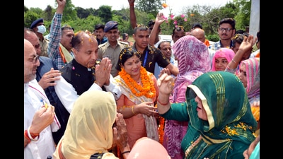 Himachal Pradesh CM Jai Ram Thakur greets public during his visit to Indora in Kangra on Tuesday. (ANI) Himachal Pradesh CM Jai Ram Thakur greets public during his visit to Indora in Kangra on Tuesday. (ANI)