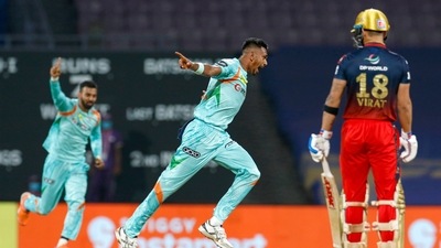 Dushmanta Chameera of Lucknow Super Giants celebrates the wicket of Virat Kohli of Royal Challengers Bangalore (IPL) Dushmanta Chameera of Lucknow Super Giants celebrates the wicket of Virat Kohli of Royal Challengers Bangalore (IPL)
