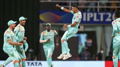 Dushmanta Chameera of Lucknow Super Giants celebrates the wicket of Virat Kohli of Royal Challengers Bangalore (IPL) Dushmanta Chameera of Lucknow Super Giants celebrates the wicket of Virat Kohli of Royal Challengers Bangalore (IPL)