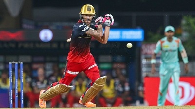 The RCB skipper had two balls left in the last over to get to his hundred but failed to clear the backward square-leg fielder (PTI) The RCB skipper had two balls left in the last over to get to his hundred but failed to clear the backward square-leg fielder (PTI)
