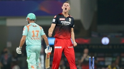 Josh Hazlewood of Royal Challengers Bangalore celebrates the wicket of Marcus Stoinis of Lucknow Super Giants (IPL) Josh Hazlewood of Royal Challengers Bangalore celebrates the wicket of Marcus Stoinis of Lucknow Super Giants (IPL)