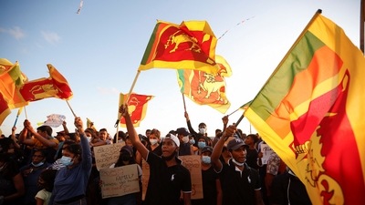 Demonstrators shout slogans during a protest in Sri Lanka. (REUTERS)
