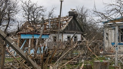 Storks sit in a nest atop a residential house destroyed during Russia's invasion in the village of Kukhari in Kyiv region, Ukraine. (REUTERS)