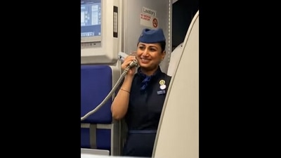 Indigo air hostess Surabhi Nair delivers an emotional farewell speech during a flight. (instagram/@amruthasuresh) Indigo air hostess Surabhi Nair delivers an emotional farewell speech during a flight. (instagram/@amruthasuresh)