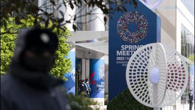 IMF police officers stand outside of the International Monetary Fund (IMF) building, during the first day of the World Bank/IMF Spring meetings in Washington, on Tuesday. (AP) IMF police officers stand outside of the International Monetary Fund (IMF) building, during the first day of the World Bank/IMF Spring meetings in Washington, on Tuesday. (AP)