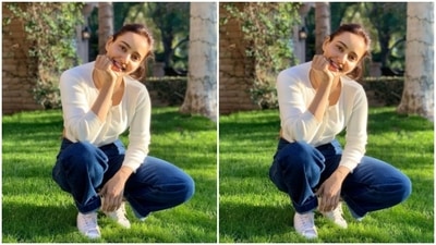 Neha Sharma aced the casual look in a basic white shirt teamed with denim and white sneakers. (Instagram/@nehasharmaofficial)