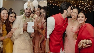 New pictures from Ranbir Kapoor and Alia Bhatt's wedding showed the groom posing with the bridesmaids. New pictures from Ranbir Kapoor and Alia Bhatt's wedding showed the groom posing with the bridesmaids.