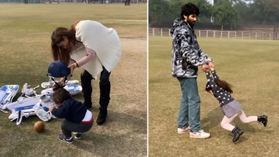 Mira Rajput with son Zain and Shahid Kapoor with daughter Misha on sets of Jersey. Mira Rajput with son Zain and Shahid Kapoor with daughter Misha on sets of Jersey.