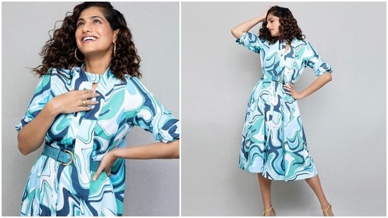 In another Instagram post, Kubbra Sait was seen wearing a blue printed shirt dress from the clothing line Notebook.(Instagram/@kubbrasait)
