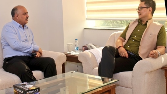 Union minister Kiren Rijiju had shared this picture of his with Naresh Kumar in 2019 when the latter was appointed as the chief secretary of Arunachal Pradesh&nbsp;(Source: Twitter)