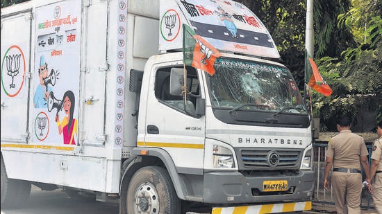 The campaign van that was damaged at Chembur. Satish Bate/HT Photo