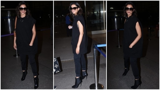 Deepika Padukone catches a flight out of Mumbai in an all-black look.&nbsp;(HT Photo/Varinder Chawla)