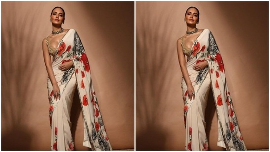 Esha played muse to fashion designer Rohit Bal and picked a white chiffon saree for the pictures.(Instagram/@egupta)