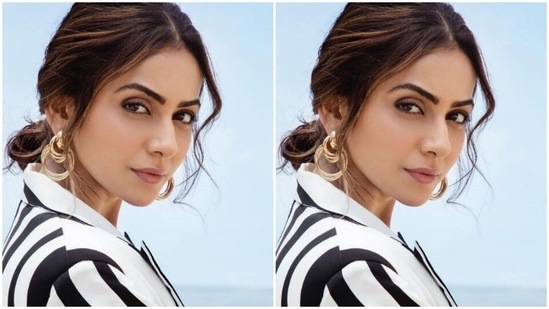 In golden earrings and multiple rings from the shelves of Misho Designs and Bling thing Store, Rakul Preet accessorised her look.(Instagram/@rakulpreet)