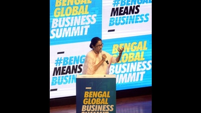 West Bengal chief minister Mamata Banerjee addresses during the inauguration of the Bengal Global Business Summit (BGBS) in Kolkata on Wednesday. (ANI) West Bengal chief minister Mamata Banerjee addresses during the inauguration of the Bengal Global Business Summit (BGBS) in Kolkata on Wednesday. (ANI)