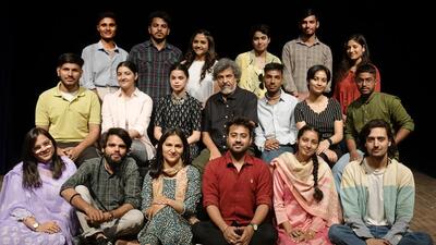 Punjab Lalit Kala Akademi chairperson Diwan Manna with the recipients of the travel grant. The students will attend the India Art Fair from April 28 to May 1. (HT PHOTO )