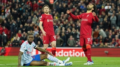 Liverpool's Mohamed Salah, right, reacts after a missed scoring opportunity during the English Premier League soccer match between Liverpool and Manchester United at Anfield stadium in Liverpool. (AP) Liverpool's Mohamed Salah, right, reacts after a missed scoring opportunity during the English Premier League soccer match between Liverpool and Manchester United at Anfield stadium in Liverpool. (AP)