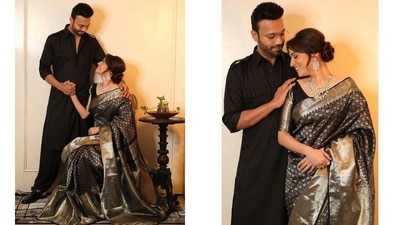 Ankita chose a silk saree and a matching blouse for the photoshoot. The six yards comes adorned with gold embroidered patterns and broad borders in the same shade placed all over the drape and its pallu. (Instagram/@ankitalokhande) Ankita chose a silk saree and a matching blouse for the photoshoot. The six yards comes adorned with gold embroidered patterns and broad borders in the same shade placed all over the drape and its pallu. (Instagram/@ankitalokhande)