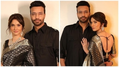 Vicky Jain complemented his wife in a traditional avatar. He chose a collared Pathani kurta with folded sleeves and button-up details on the torso. He teamed the kurta with flared pyjamas, glasses, a watch, black shoes, groomed beard, and a back-swept hairdo to round it all off. (Instagram/@ankitalokhande) Vicky Jain complemented his wife in a traditional avatar. He chose a collared Pathani kurta with folded sleeves and button-up details on the torso. He teamed the kurta with flared pyjamas, glasses, a watch, black shoes, groomed beard, and a back-swept hairdo to round it all off. (Instagram/@ankitalokhande)