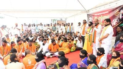BJP leaders staged black flag demonstrations and took out rallies in all the district headquarters demanding action against the TRS leaders, who were allegedly indulging in atrocities forcing innocent people to die by suicide in Khammam and Kamareddy. (Agencies) BJP leaders staged black flag demonstrations and took out rallies in all the district headquarters demanding action against the TRS leaders, who were allegedly indulging in atrocities forcing innocent people to die by suicide in Khammam and Kamareddy. (Agencies)